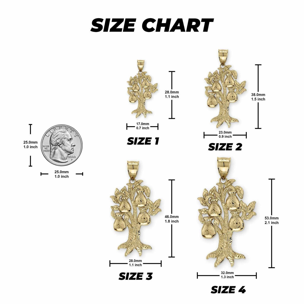 Size chart showing four gold money tree pendants with measurements next to a quarter.