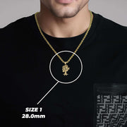 Man wearing a gold money tree pendant necklace labeled Size 1 28.0mm