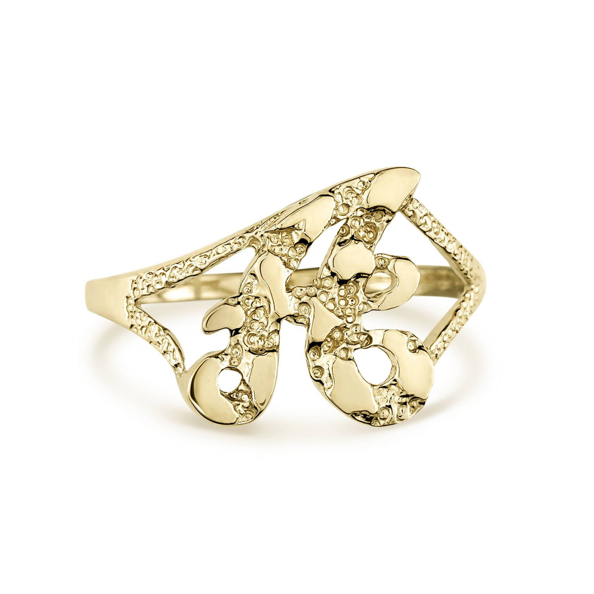 Detailed front shot of a 10k gold slim initial ring, letter A.
