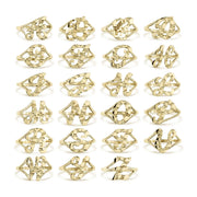 10k gold nugget initial rings showcased in various alphabet letters on white background.