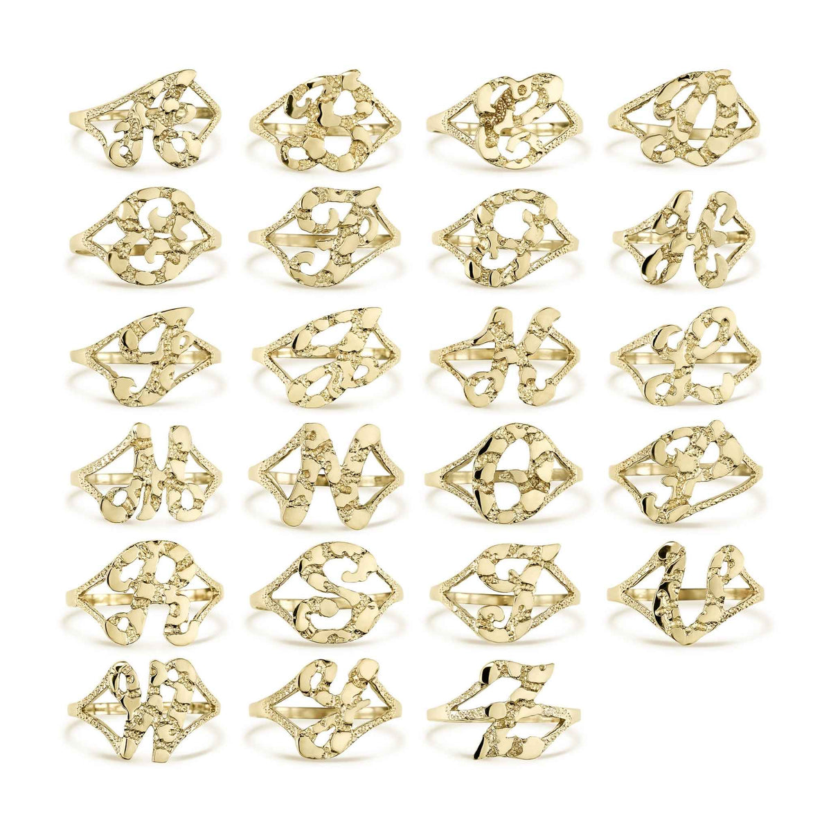 10k gold nugget initial rings showcased in various alphabet letters on white background.