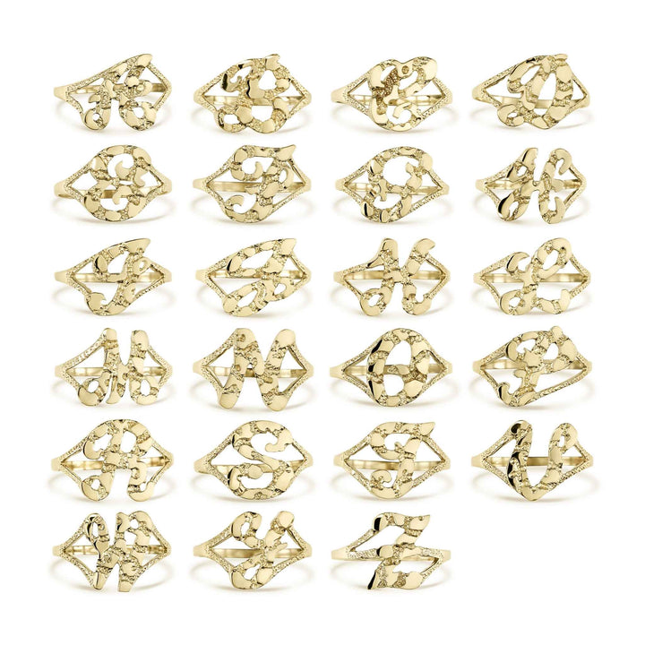 10k gold nugget initial rings showcased in various alphabet letters on white background.