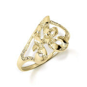10k yellow gold slim initial ring with detailed nugget texture on white background.