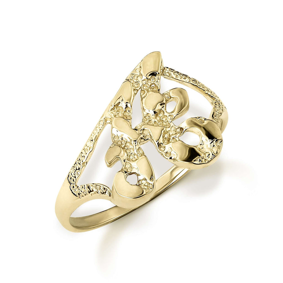 10k yellow gold slim initial ring with detailed nugget texture on white background.