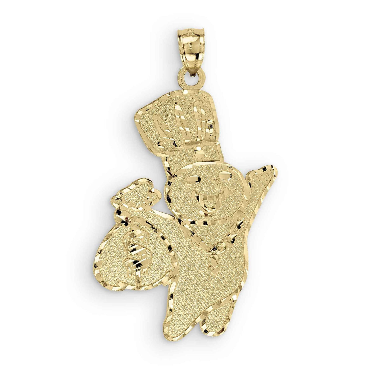 Diamond-cut 10k gold Pillsbury Doughboy charm holding a money bag.
