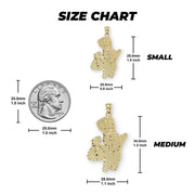 Size chart for Pillsbury Doughboy gold pendants with dimensions and US quarter scale.