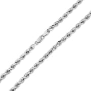Close-up of 10k white gold classic diamond-cut solid rope chain showing lobster clasp.