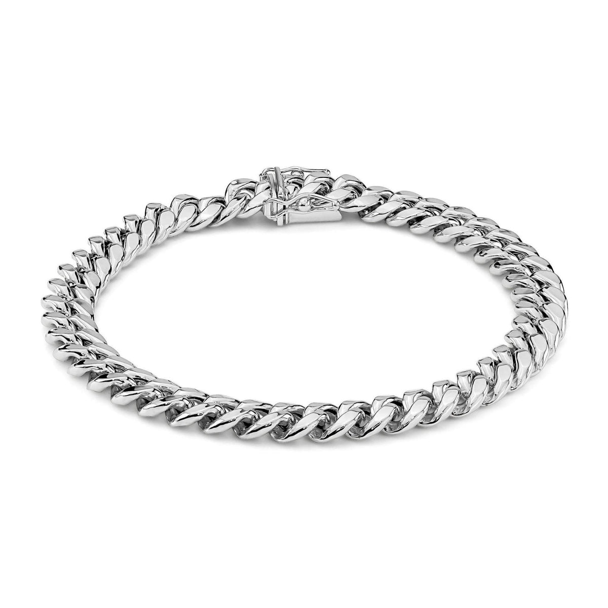 10k solid white gold Miami Cuban link bracelet displayed in an oval loop.