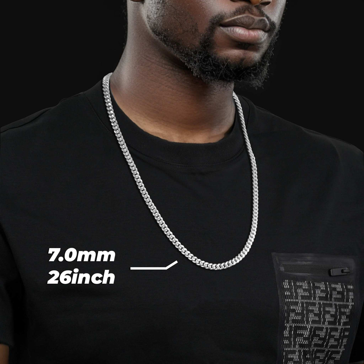 Man wearing a 7.0mm, 26-inch 10k white gold classic Miami Cuban chain necklace