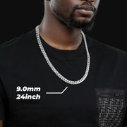 Man wearing a 9.0mm, 24-inch 10k white gold classic Miami Cuban chain necklace.