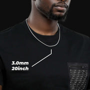 Man wearing a 3.0mm, 20-inch 10k white gold semi-solid Miami Cuban chain necklace.
