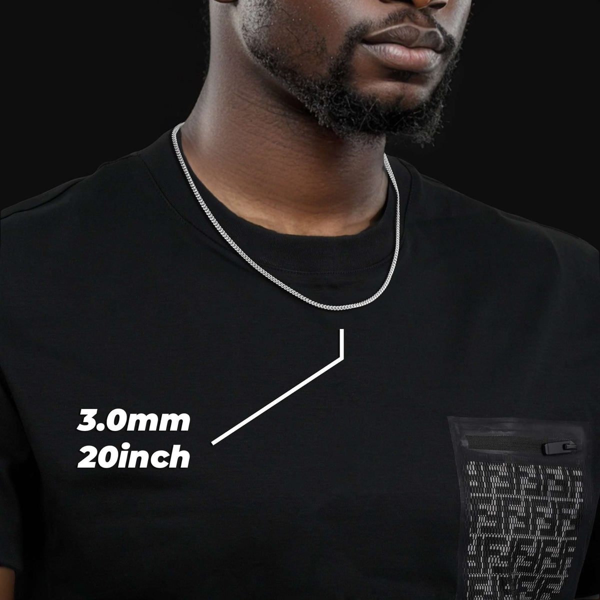 Man wearing a 3.0mm, 20-inch 10k white gold semi-solid Miami Cuban chain necklace.