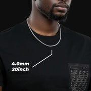 Man wearing a 4.0mm, 20-inch 10k white gold semi-solid Miami Cuban chain necklace.