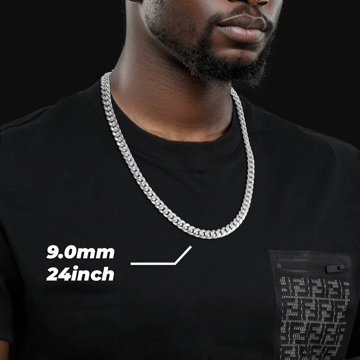 Man wearing a 9.0mm, 24-inch 10k white gold semi-solid Miami Cuban chain necklace.