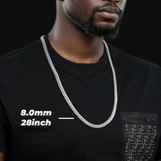 Man wearing an 8.0mm, 28-inch 10k white gold semi-solid Miami Cuban chain necklace.