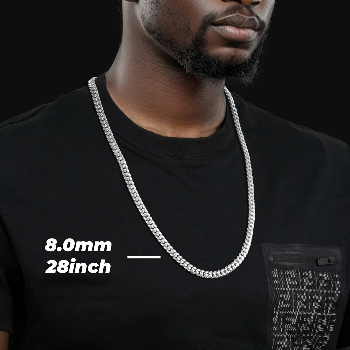 Man wearing an 8.0mm, 28-inch 10k white gold semi-solid Miami Cuban chain necklace.