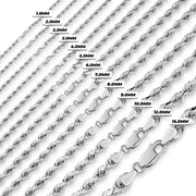 Size comparison chart of 10k white gold classic rope chains ranging from 1.5mm to 15.0mm.