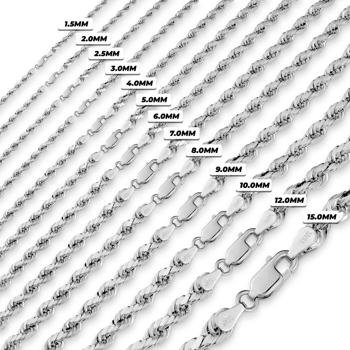 Size comparison chart of 10k white gold classic rope chains ranging from 1.5mm to 15.0mm.