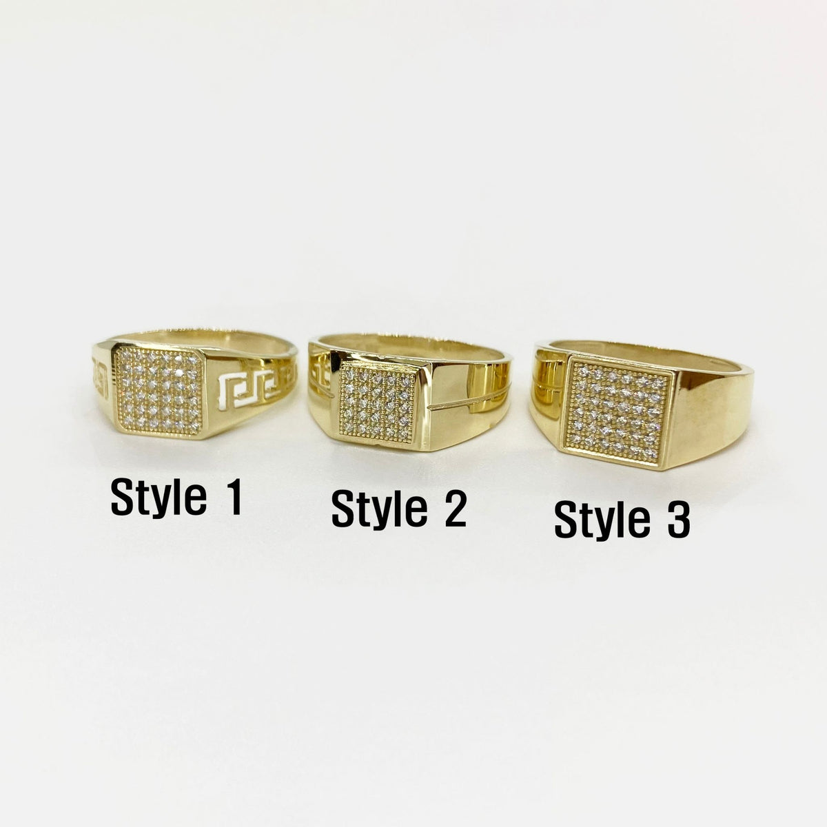 Three 10k - 14k Gold Oath Square rings labeled Style 1, Style 2, and Style 3 