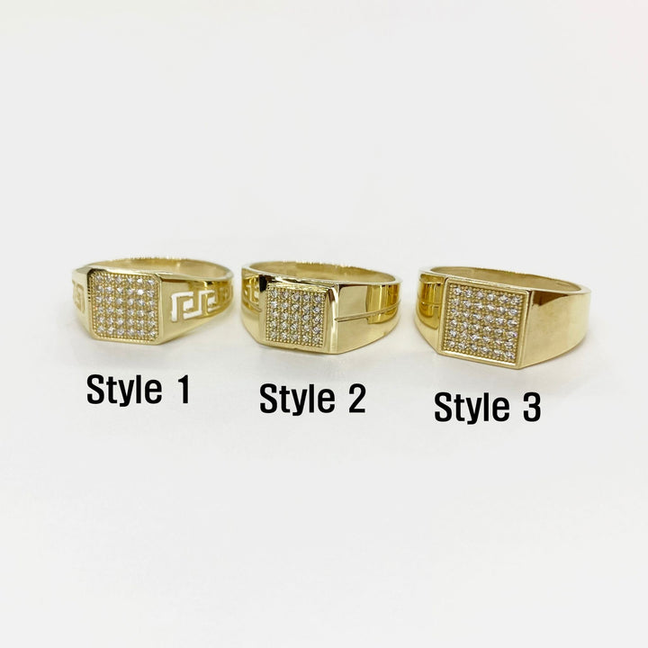 Three 10k - 14k Gold Oath Square rings labeled Style 1, Style 2, and Style 3 