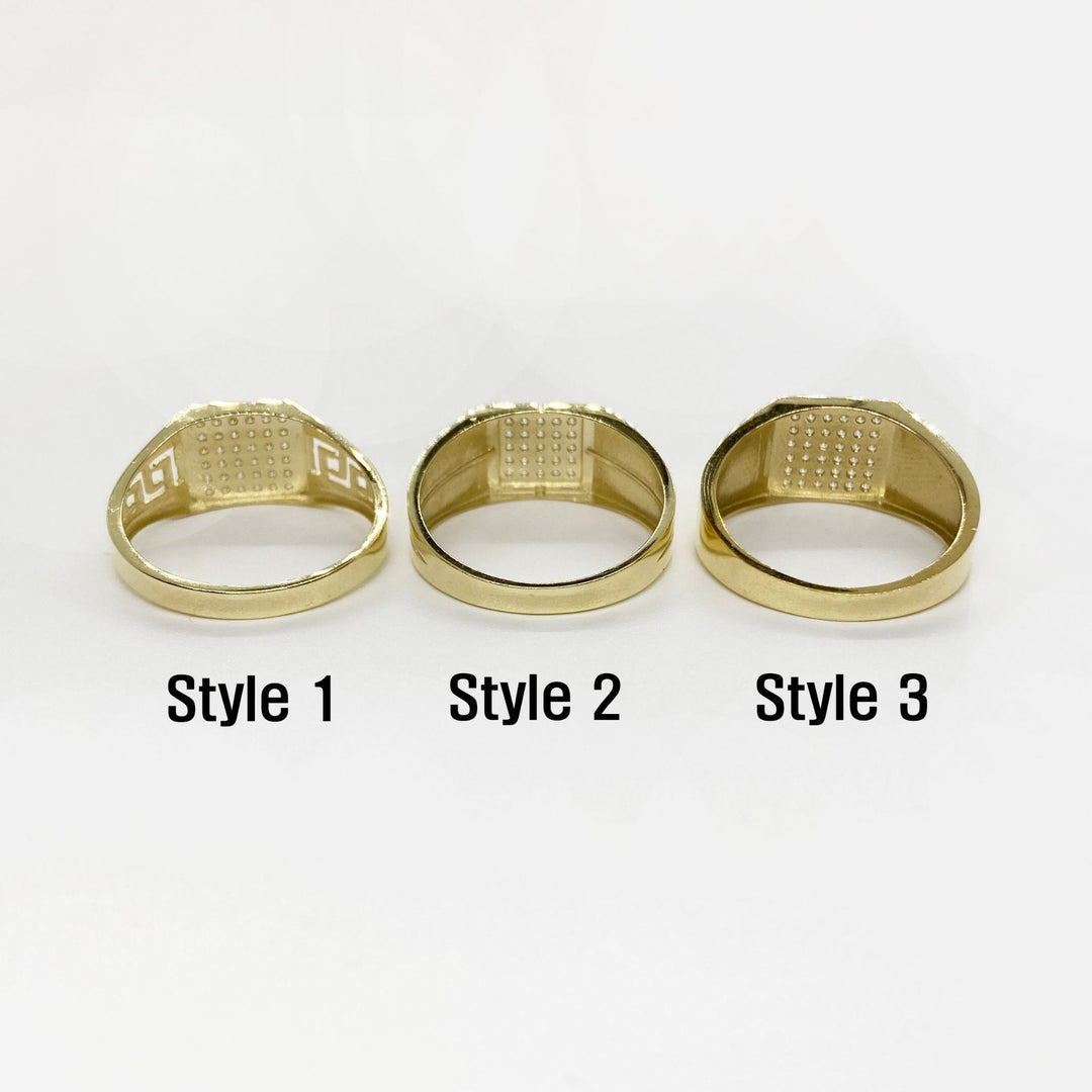 Three 10k - 14k Gold Oath Square rings back view labeled Style 1, Style 2, and Style 3 