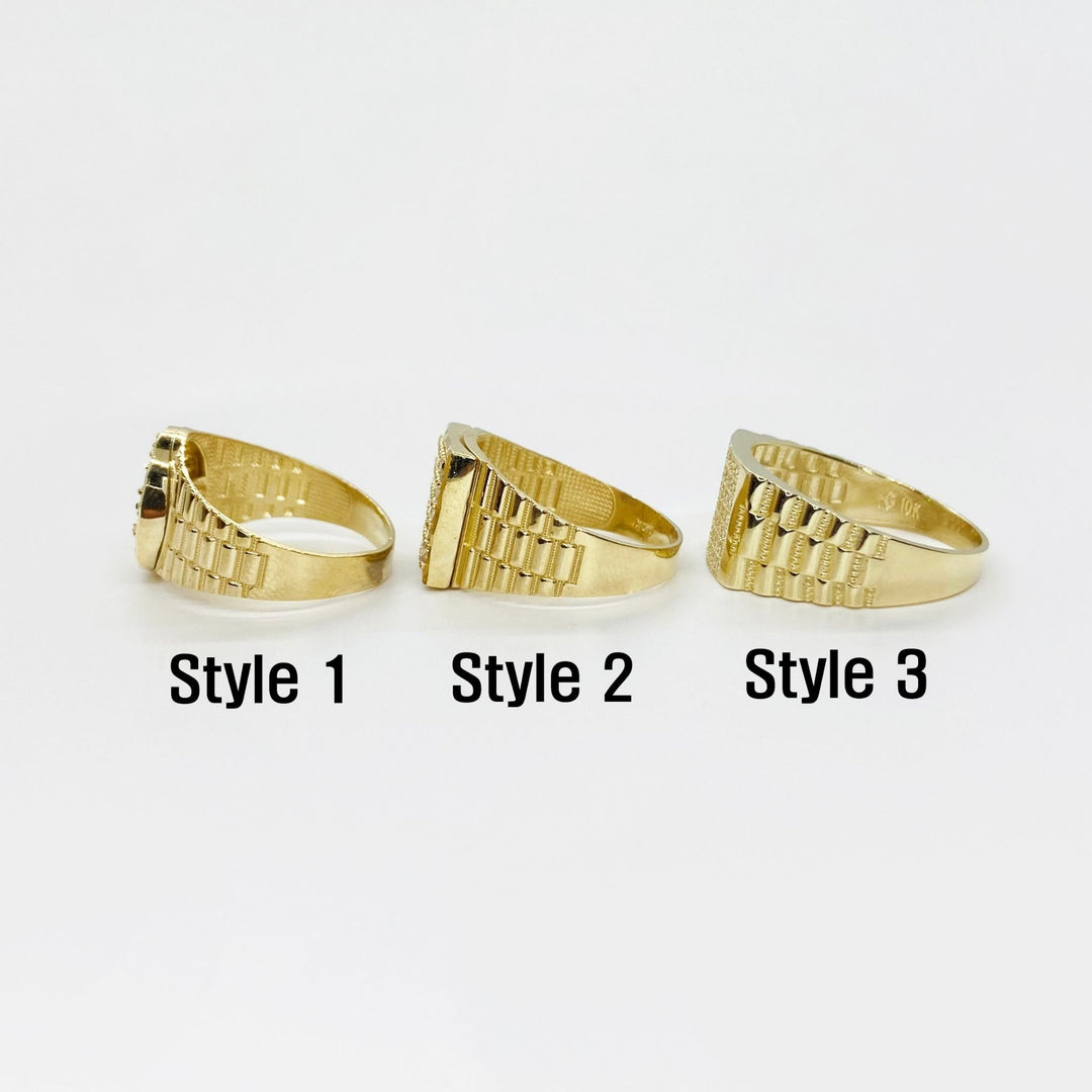 Three 10k - 14k Gold Rollie rings side view labeled Style 1, Style 2, and Style 3 