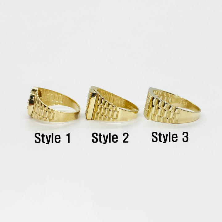 Three 10k - 14k Gold Rollie rings side view labeled Style 1, Style 2, and Style 3 