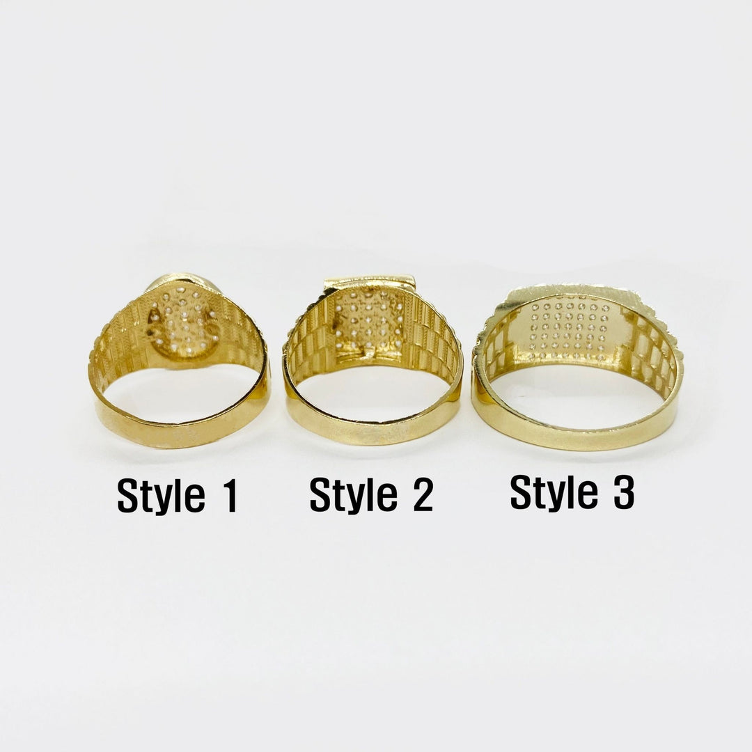 Three 10k - 14k Gold Rollie rings with different designs back view on a white background