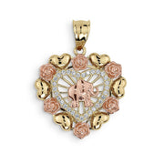Tricolor gold heart pendant with central rose gold elephant, cubic zirconia, and rose details.