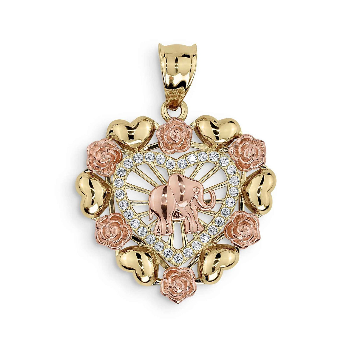 Tricolor gold heart pendant with central rose gold elephant, cubic zirconia, and rose details.