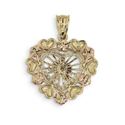 Back view of a 14k gold tricolor heart pendant showcasing intricate filigree metalwork
