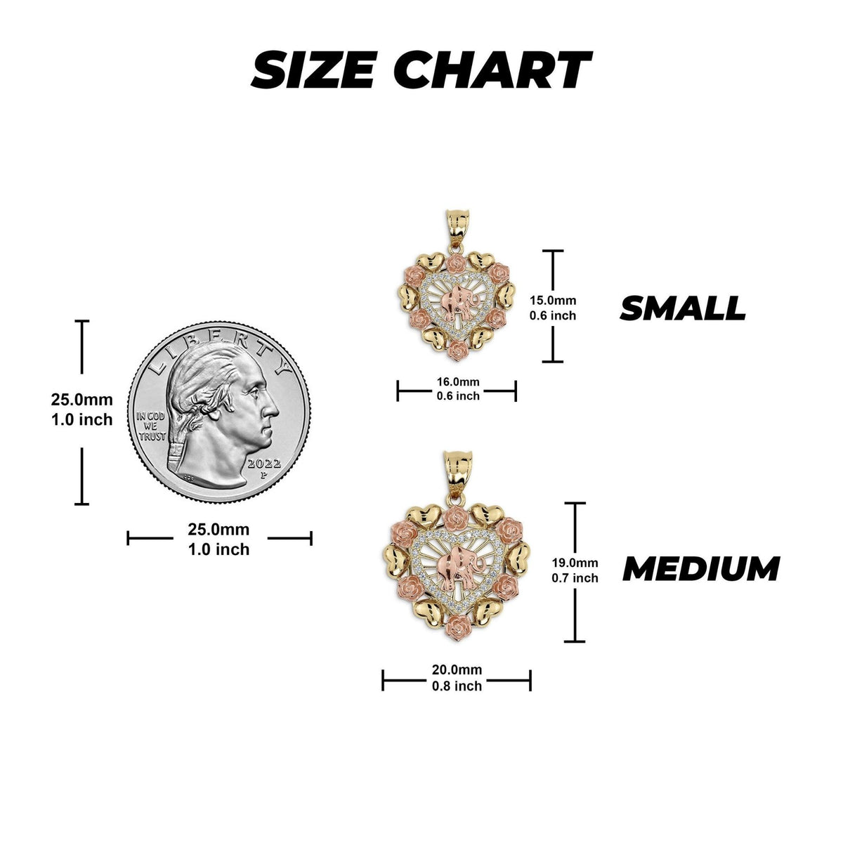 Size chart comparing small and medium gold heart pendants next to a US quarter.