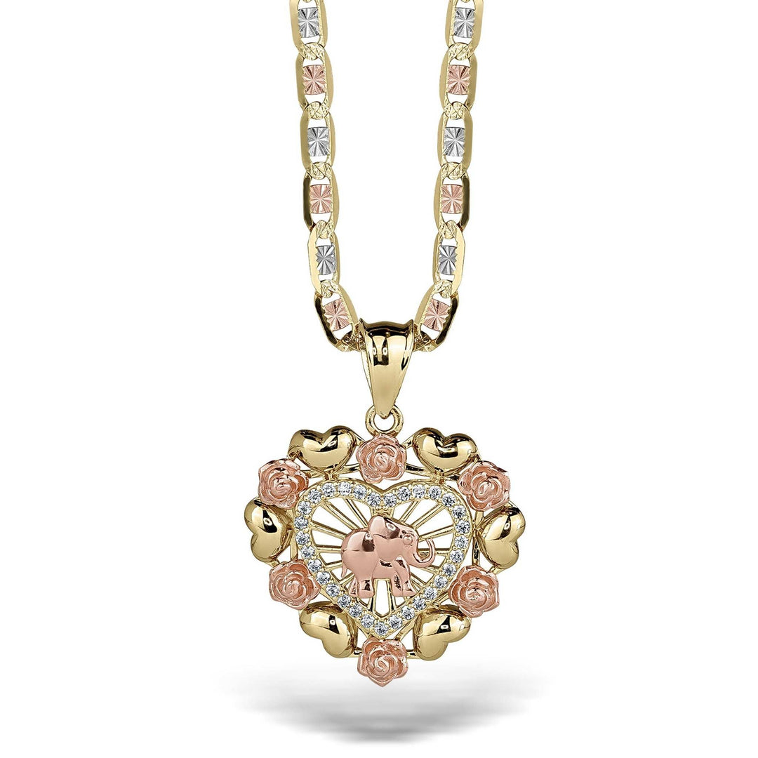 Tricolor gold heart pendant with elephant motif suspended from a matching chain.