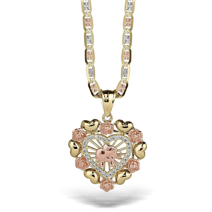 Tricolor gold heart pendant with elephant motif suspended from a matching chain.