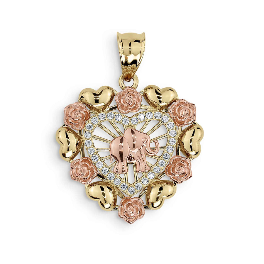 Tricolor gold heart pendant featuring a central elephant motif, rose gold roses, and sparkling cubic zirconia.