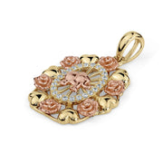 14k Gold Bloom Tricolor Elephant CZ Oval Pendant with rose gold floral accents.