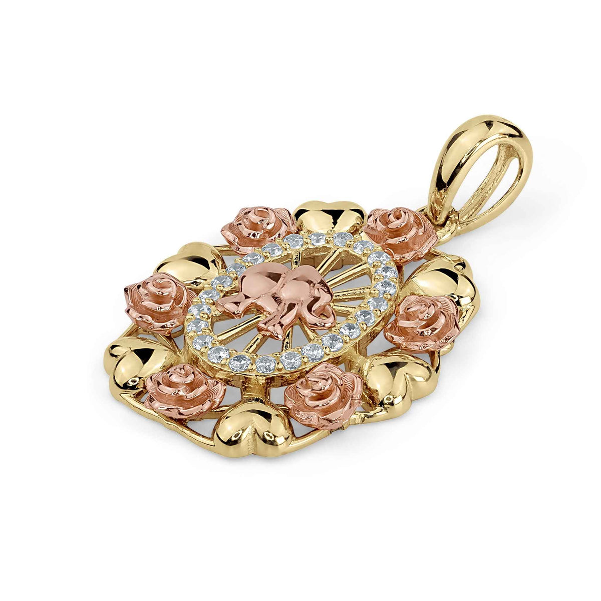 14k Gold Bloom Tricolor Elephant CZ Oval Pendant with rose gold floral accents.
