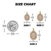 Size chart graphic showing three oval pendant sizes with millimeter and inch measurements.