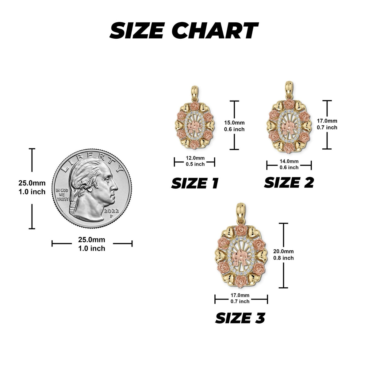 Size chart graphic showing three oval pendant sizes with millimeter and inch measurements.