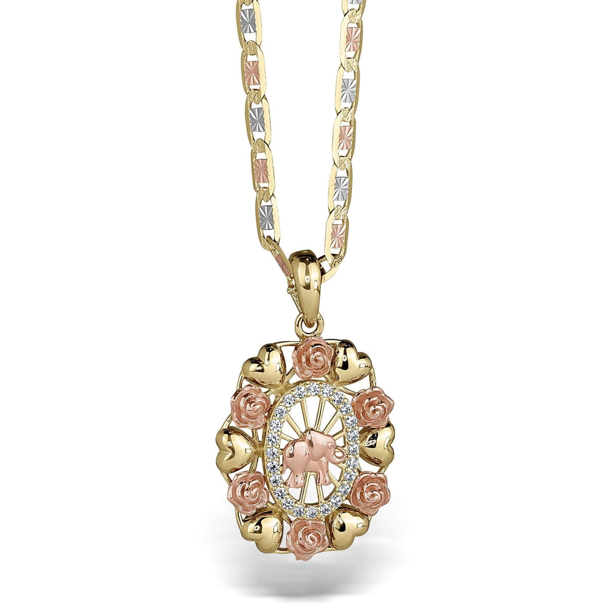 Ornate yellow and rose gold pendant showcasing an intricate floral design.