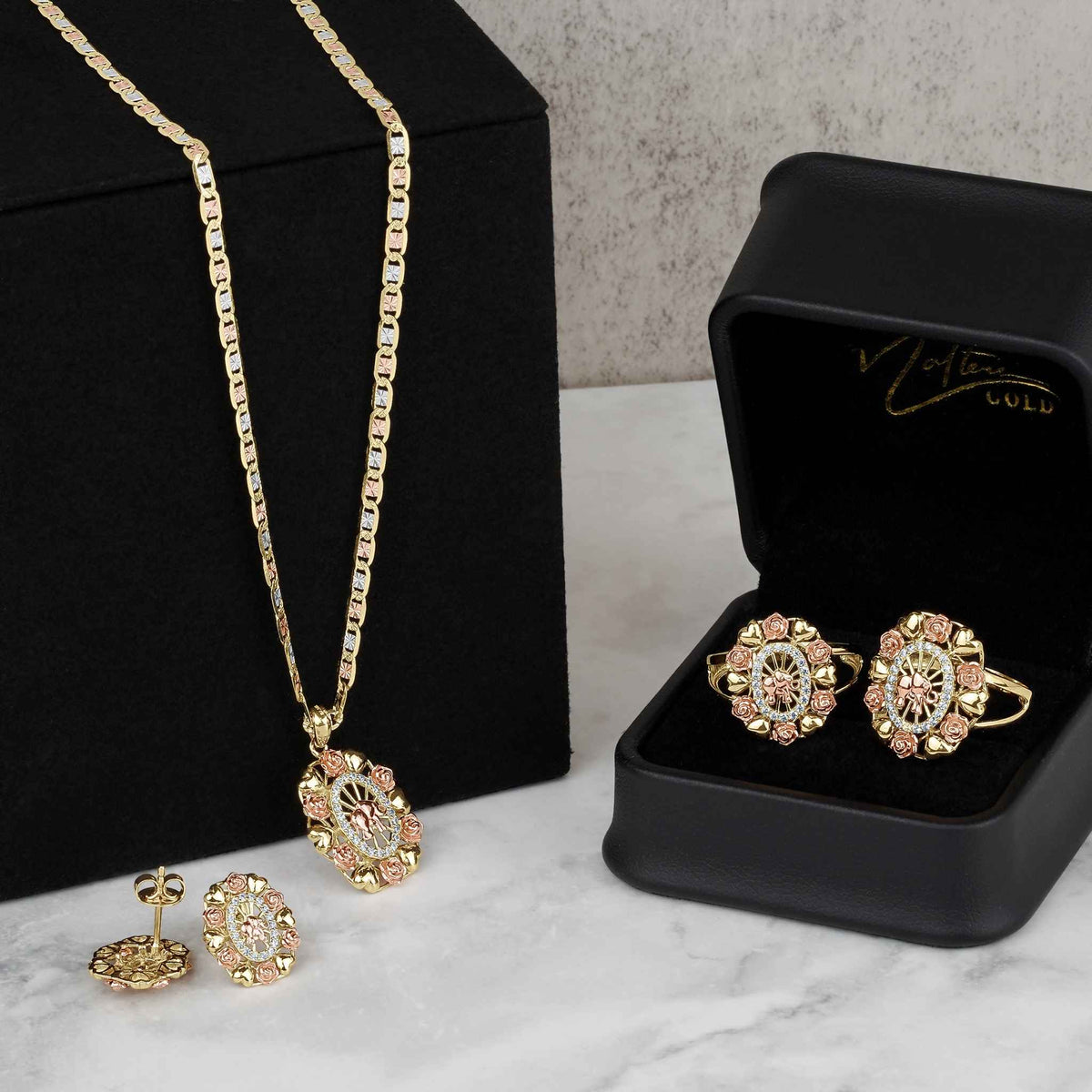 14k Gold Bloom Tricolor Elephant CZ Oval Pendant