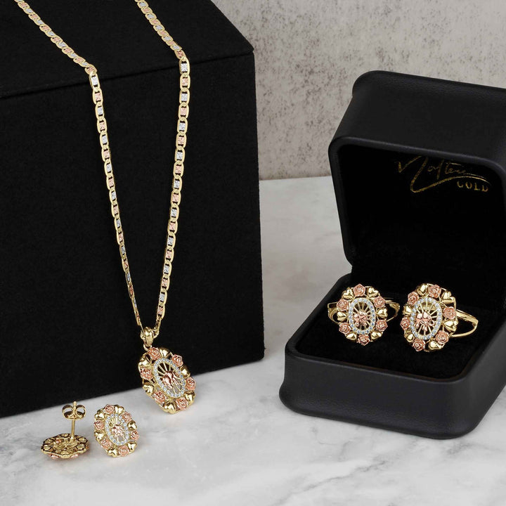 14k Gold Bloom Tricolor Elephant CZ Oval Pendant