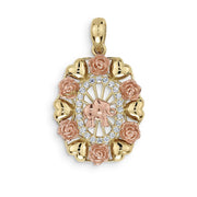 Tricolor gold oval pendant with central elephant motif and cubic zirconia halo.