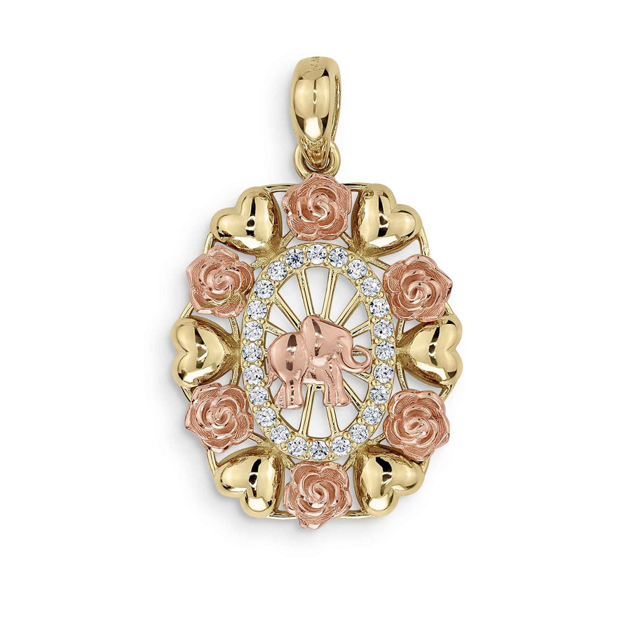 Tricolor gold oval pendant with central elephant motif and cubic zirconia halo.