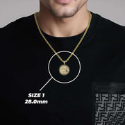 Man wearing a 28.0mm Size 1 gold Centenario pendant necklace over a black shirt.