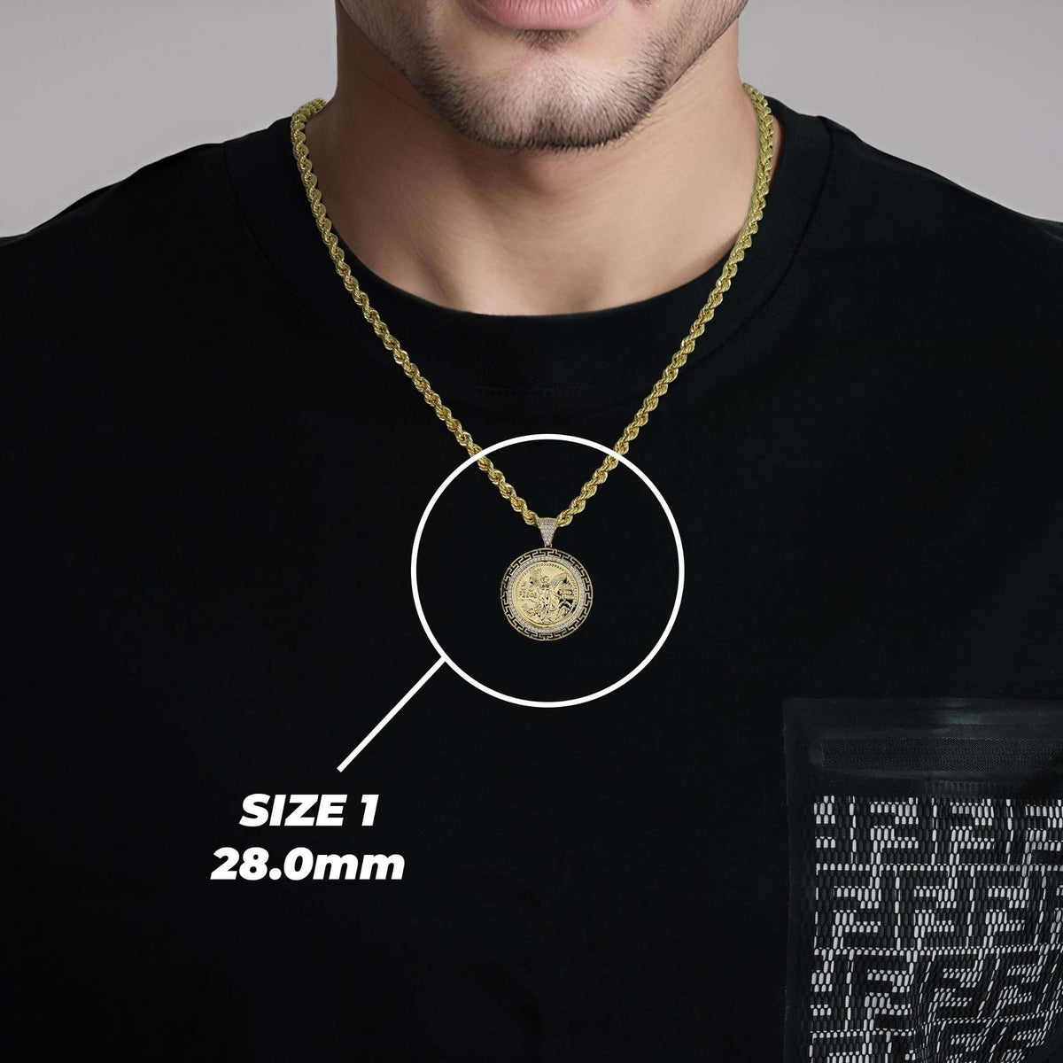 Man wearing a 28.0mm Size 1 gold Centenario pendant necklace over a black shirt.