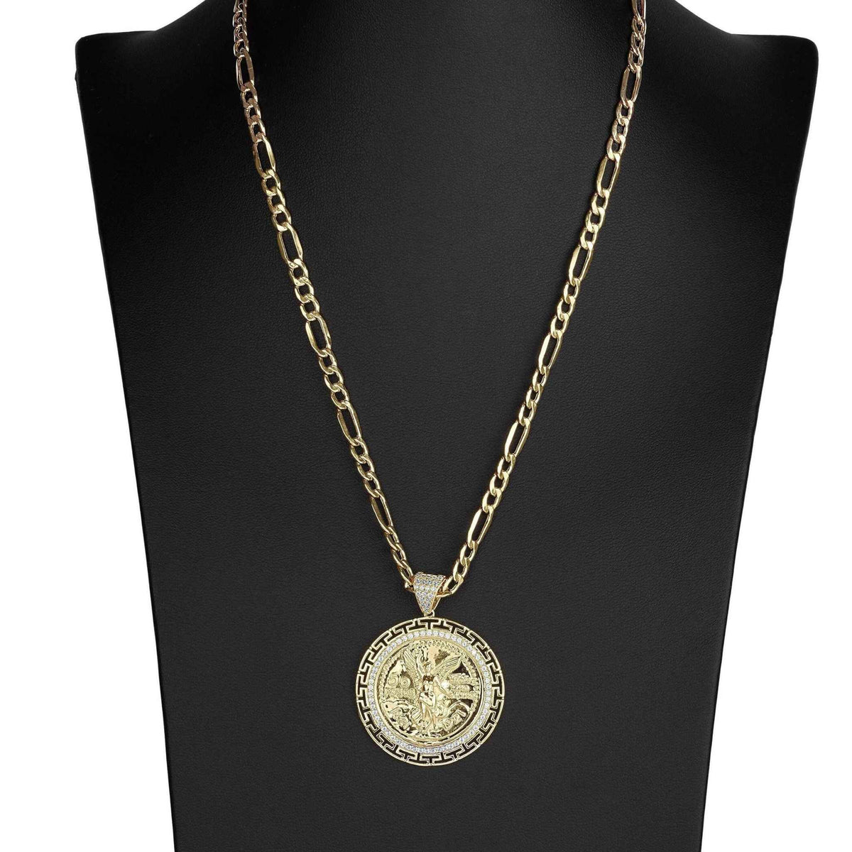 Gold Centenario medallion necklace featuring an intricate Greek key frame showcased on a black display stand.