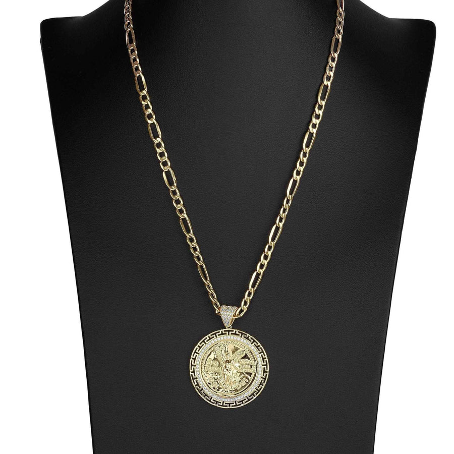 Gold Centenario medallion necklace featuring an intricate Greek key frame showcased on a black display stand.