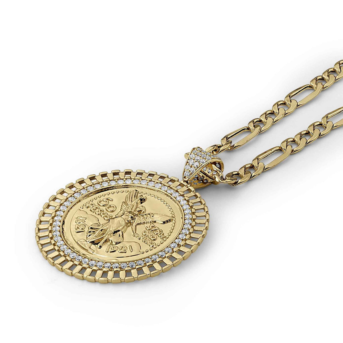 14k gold Centenario round coin pendant with cubic zirconia Rollie bezel on a Figaro chain, shown on a white background.