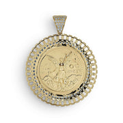 Back view of a gold Centenario pendant showcasing the Mexican eagle seal with Rollie-style bezel.